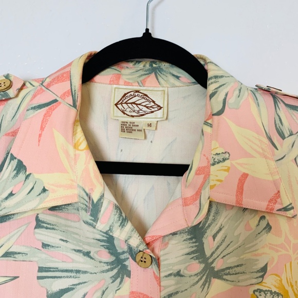 Natural Elements Silk Shirt Dress Size 14 Pink Floral Tropical Hawaiian Belted - Picture 2 of 13